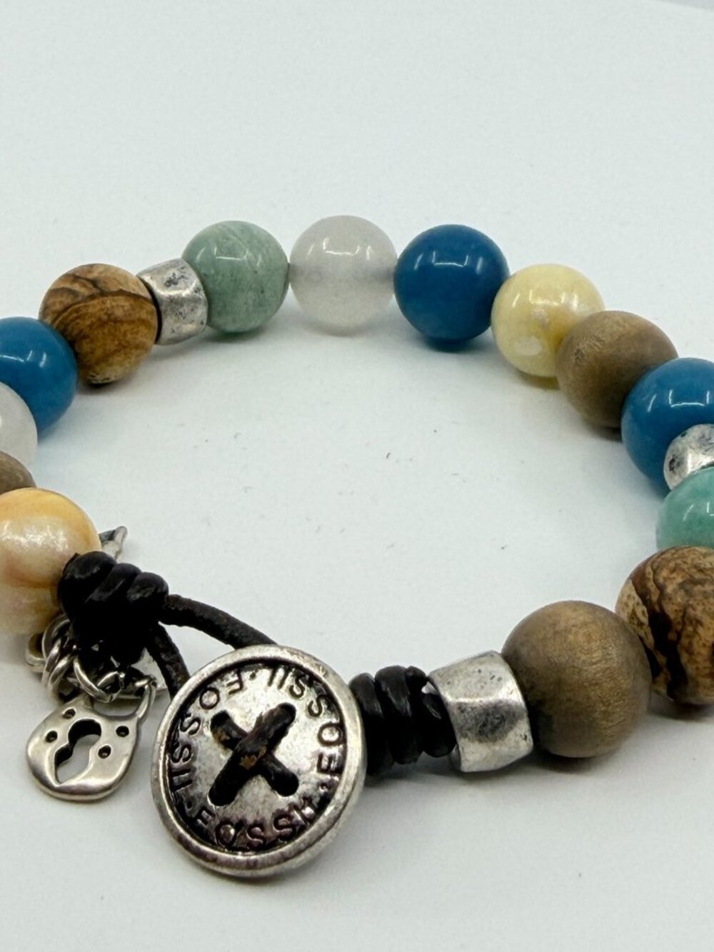 VTG Fossil Multi-Color Beaded Leather Bracelet with Key and Lock Charms Stack